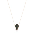 Cross necklace with rose gold frame and sparkling dark green inlay on white background - Ink Blue