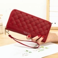 Long red zip-around wallet in PU leather with quilted crown pattern and wrist strap - Crown Jujube Red