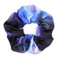 Flat lay of star-themed fabric scrunchie with blue and purple gradient nebula pattern - Dark Blue Purple Starry Sky Print / Royal Blue