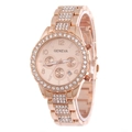 Detail of rose gold watch bezel and strap pave-set with sparkling white rhinestones - Rose Gold