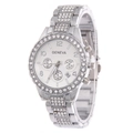 Close-up of silver Geneva women's watch with rhinestone bezel and decorative sub-dials - Silver