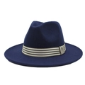 Detail of dark blue wool fedora hat with a striped cream ribbon and flat brim - Navy Blue