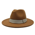 Close-up of the thick tan wool felt texture and black-and-white striped ribbon on the fedora - Light Coffee