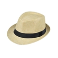 Detail van beige geweven strooien fedora hoed met zwart lint op witte achtergrond - Volwassene 56-60cm / Beige