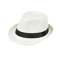 Detail van de ademende strotextuur en zwart lint op de beige fedora zomerhoed - Volwassene 56-60cm / Broken Wit