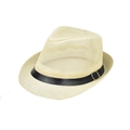 Detail of breathable cream fedora mesh crown with black leather decorative buckle band - Adult 56-60cm / Beige