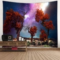 Arazzo da parete con bosco autunnale e cielo stellato per camera e soggiorno - 150x130cm / 39-Foglie Rosse del Cielo Stellato