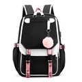 Grote Oxford stoffen rugzak in zwart-wit met roze USB-poort en trendy sportieve details - Zwart