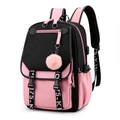 Roze en zwarte Oxford rugzak met harige sleutelhanger en ingebouwde USB-poort - Zwart & Roze
