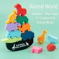 Animal theme wooden balance blocks set with 12 colorful wildlife pieces and base - Animal World