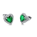 Macro shot of heart-shaped green emerald earrings with a halo of white zircon stones - Green