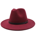 Detail view of burgundy wool felt fedora hat featuring a stylish black leather decorative band - Burgundy