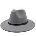 Top view of a grey wool fedora hat with a wide brim and a black decorative band detail - Light Gray