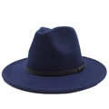Close-up of deep blue wool felt fedora hat featuring a stylish black leather band detail - Navy Blue