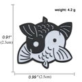 Yin Yang Koi Fish enamel pin in black and white finish showing dimensions 2.5cm by 2.3cm - Black White Yin Yang Fish-A00682