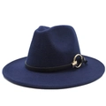 Detail of dark blue wool fedora hat featuring a black leather band and gold metal buckle - Navy Blue