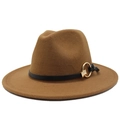 Close-up of a camel wool fedora hat featuring a black leather band and golden metal rings - Light Coffee