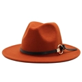 Burnt orange wide brim fedora hat with black leather belt and gold metal ring - Caramel color