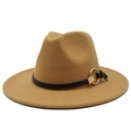 Detail of camel wool fedora hat featuring a black leather band and gold metal ring buckle - Camel