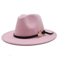 Detail of pink fedora hat featuring black leather band and golden metal ring ornament - Pink