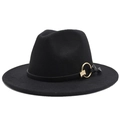 Detail of wide brim black fedora featuring a slim leather belt and gold metal buckle - Black
