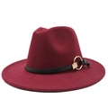 Close-up of wine red wool fedora featuring black faux leather band and gold metal ring - Burgundy