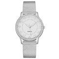 Reloj de cuarzo para mujer con correa de malla plateada y bisel de pedrería - Plateado