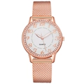 Detail of rose gold mesh strap and crystal-encrusted bezel on women quartz watch - Rose Gold