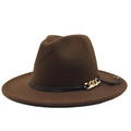Dettaglio cappello fedora marrone scuro con trama in lana e catena dorata - Caffè Scuro