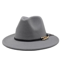 Detailed view of gray fedora hat featuring a stylish black band and golden chain accent - L (59-61cm) / Light Gray