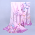 Pink and purple gradient chiffon scarf with delicate Chinese flower and bird print - Pink