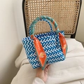 Handwoven straw tote bag in blue and white herringbone with an orange printed scarf handle - Blue