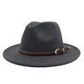 Close-up of wide brim wool fedora with brown braided leather band and gold buckle detail - Dark Gray