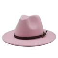 Detail of pink wide brim fedora hat with brown braided leather band and gold buckle - Pink