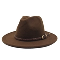 Detail of dark brown wide brim wool fedora hat with braided leather band and gold buckle - Dark Coffee
