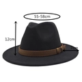 Detail view of black wool fedora hat showing 12cm height and 7cm wide brim measurements - Black
