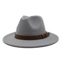 Detail of grey wool fedora hat featuring a brown leather band with braided stitching - Light Gray