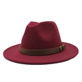 Detail of burgundy wool fedora hat with a brown leather decorative band and zigzag stitching - Burgundy