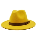 Classic ginger yellow wool felt fedora with a dark brown leather band and wide brim - M (56-58cm) / Yellow