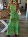 Detail of summer A-line maxi dress featuring green tie-dye swirl print and sleeveless cut - Green