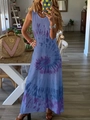 Detail of summer sleeveless maxi dress featuring a vibrant purple and blue tie-dye swirl print - Blue