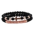 Men's hematite beaded bracelet set with rose gold cross charms and black matte stones - Matte Black Beads Rose Gold Cross Set (Set 2)