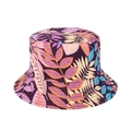 Dettaglio ravvicinato della stampa tropicale e cuciture del cappello di tela - M (56-58cm) / Stampa Foglie Tropicali Viola