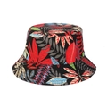 Cappello da pescatore in tela nera con vivace stampa di foglie tropicali da viaggio - M (56-58cm) / Stampa Foglie Tropicali Rosse