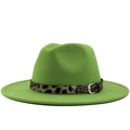 Close-up of bright green wool fedora hat featuring leopard print band and silver buckle - M (56-58cm) / Fluorescent Colors