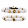 Juego de pulseras de cuentas de piedra imperial blanca para hombre y mujer con coronas - Juego de Pulseras de Corona de Piedra de Porcelana Blanca (2 Piezas)