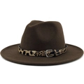 Detailed view of leopard print belt and silver buckle on dark brown wool fedora hat - M (56-58cm) / Coffee