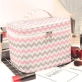 Pink and gray wave pattern cosmetic bag with handle and zipper on mesh mat - Large Size (22x16.5x16cm) / Large Wavy Pattern