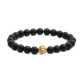 Matte black beaded bracelet with gold lion head charm on white background - Gold Lion Head