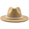 Elegant khaki wool felt jazz hat with a decorative white pearl band for autumn fashion - M (56-58cm) / Camel